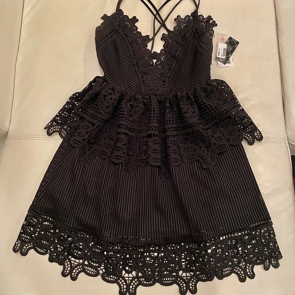 NWT XS AQUA peplum lace black cut out hollow layer ruffle party dress racerback